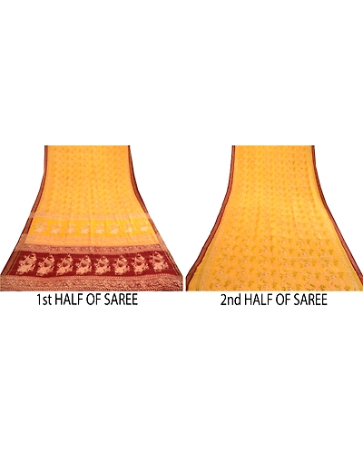Sanskriti Vintage Sarees Canary Yellow Printed Pure Silk Zari Border Sari Fabric, PR-62427-Canary Yellow-Pure Silk-4
