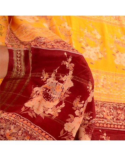 Sanskriti Vintage Sarees Canary Yellow Printed Pure Silk Zari Border Sari Fabric, PR-62427-Canary Yellow-Pure Silk-5