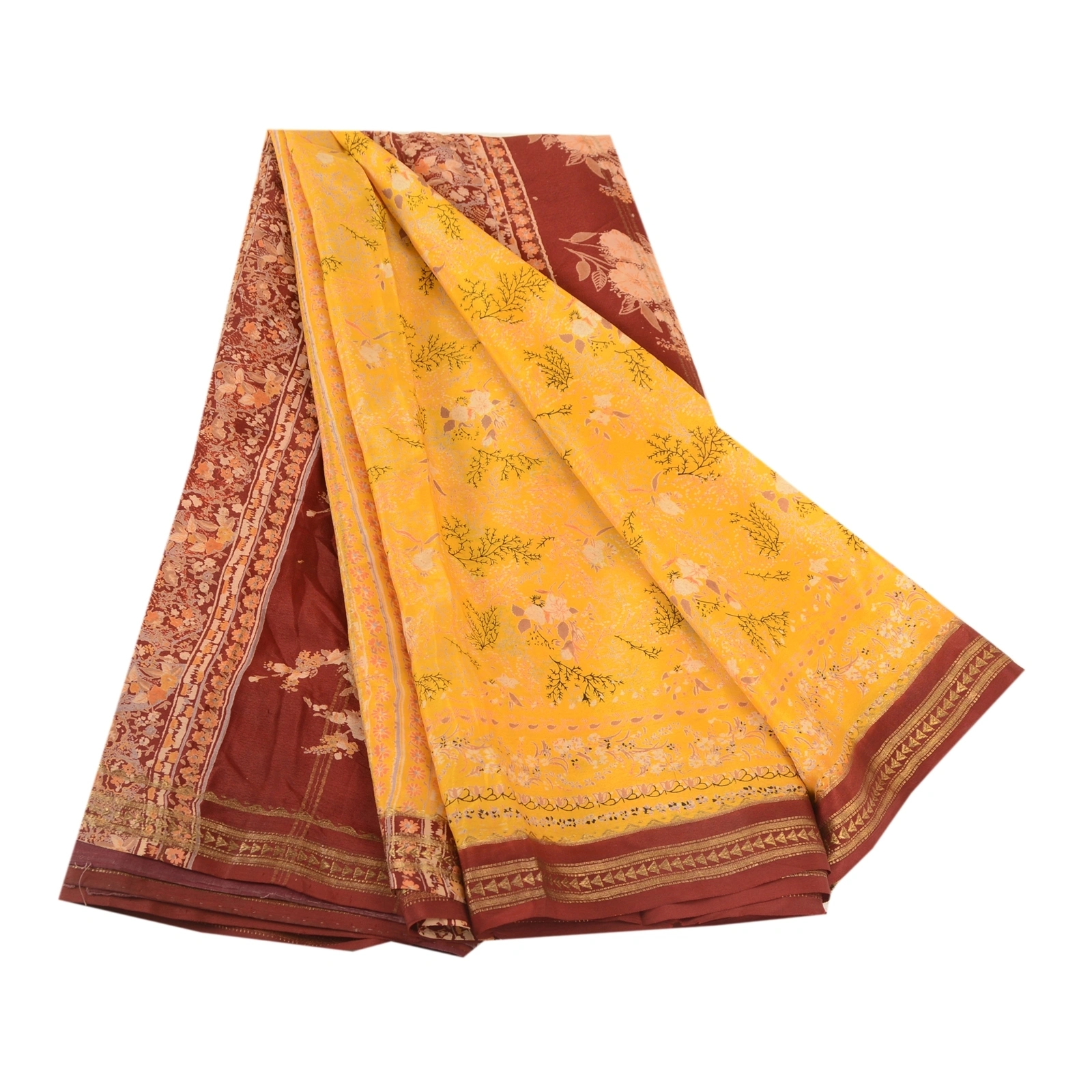 Sanskriti Vintage Sarees Canary Yellow Printed Pure Silk Zari Border Sari Fabric, PR-62427-Canary Yellow-Pure Silk-6