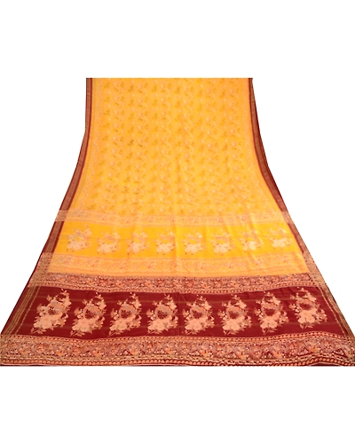 Sanskriti Vintage Sarees Canary Yellow Printed Pure Silk Zari Border Sari Fabric, PR-62427-Canary Yellow-Pure Silk-7
