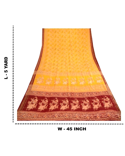 Sanskriti Vintage Sarees Canary Yellow Printed Pure Silk Zari Border Sari Fabric, PR-62427-Canary Yellow-Pure Silk-8
