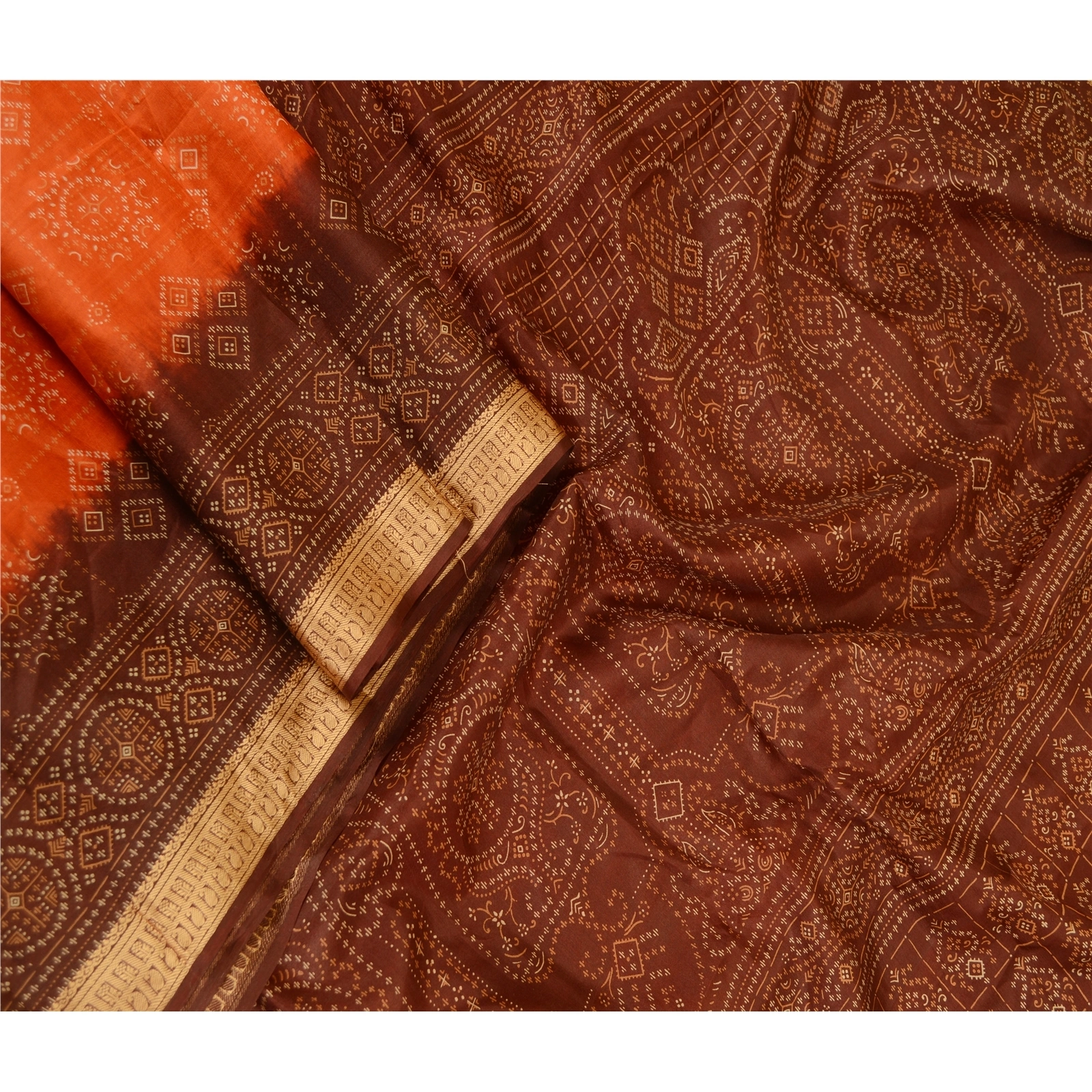 Sanskriti Vintage Sarees Orange Printed Pure Silk Sari Floral Soft Craft Fabric, PR-62430-Orange-Pure Silk-1