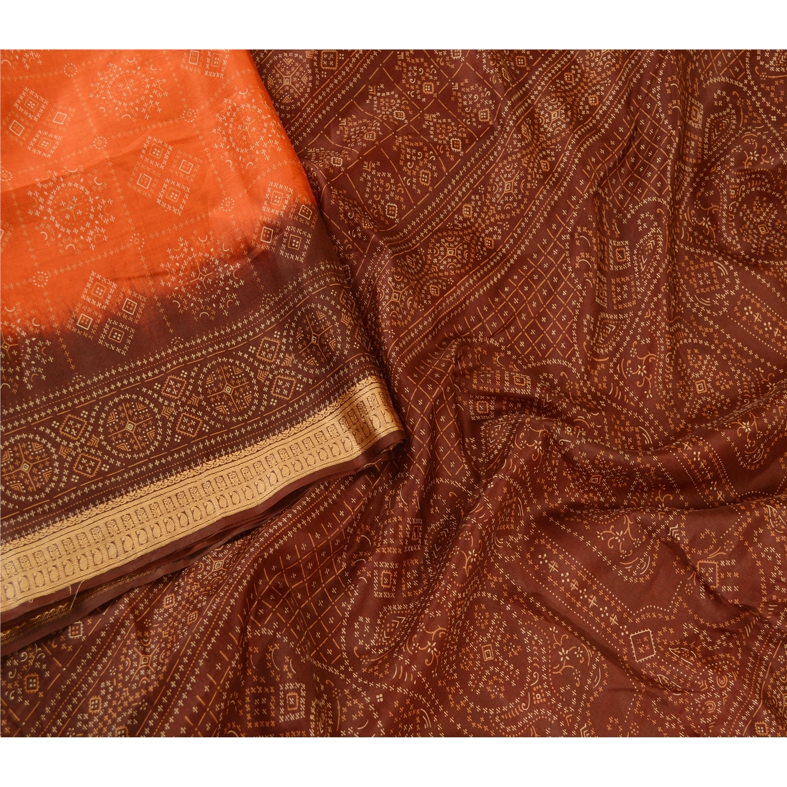 Sanskriti Vintage Sarees Orange Printed Pure Silk Sari Floral Soft Craft Fabric, PR-62430-Orange-Pure Silk-2