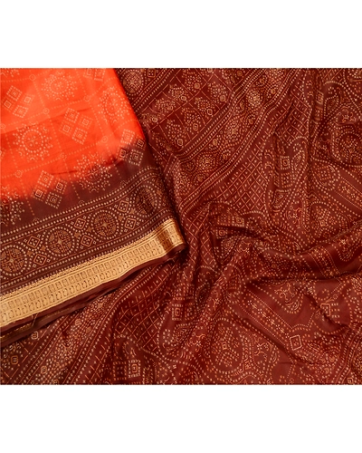 Sanskriti Vintage Sarees Orange Printed Pure Silk Sari Floral Soft Craft Fabric, PR-62430-Orange-Pure Silk-2