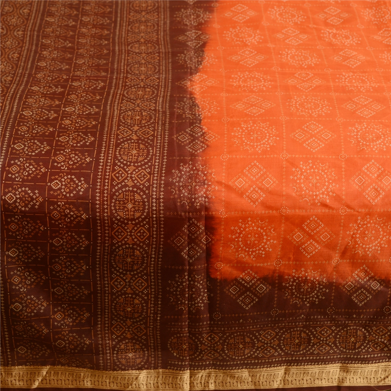 Sanskriti Vintage Sarees Orange Printed Pure Silk Sari Floral Soft Craft Fabric, PR-62430-Orange-Pure Silk-3