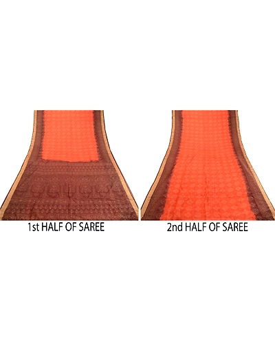 Sanskriti Vintage Sarees Orange Printed Pure Silk Sari Floral Soft Craft Fabric, PR-62430-Orange-Pure Silk-4
