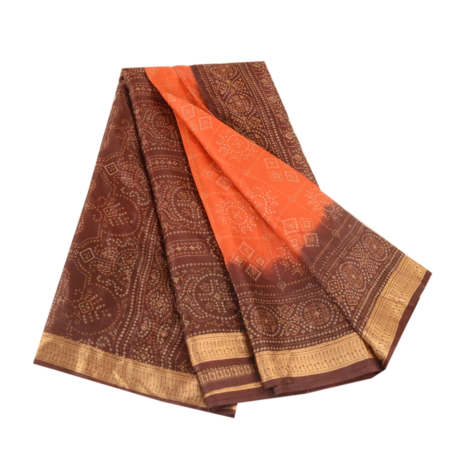 Sanskriti Vintage Sarees Orange Printed Pure Silk Sari Floral Soft Craft Fabric, PR-62430-Orange-Pure Silk-6