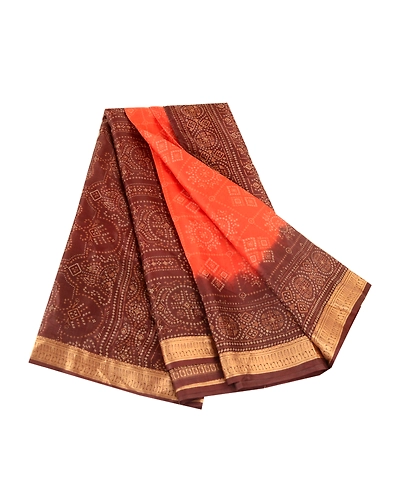 Sanskriti Vintage Sarees Orange Printed Pure Silk Sari Floral Soft Craft Fabric, PR-62430-Orange-Pure Silk-6