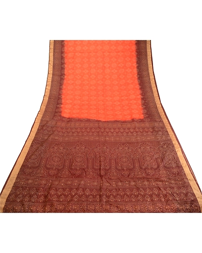 Sanskriti Vintage Sarees Orange Printed Pure Silk Sari Floral Soft Craft Fabric, PR-62430-Orange-Pure Silk-7
