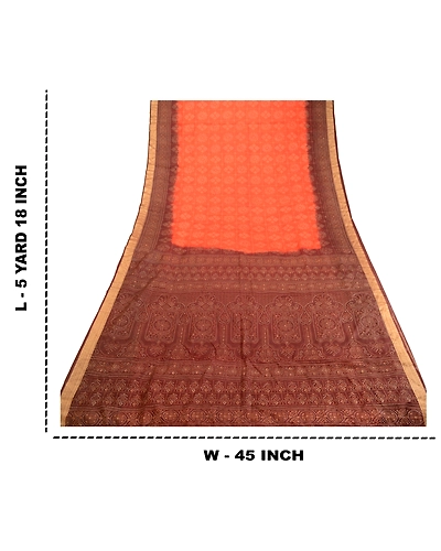 Sanskriti Vintage Sarees Orange Printed Pure Silk Sari Floral Soft Craft Fabric, PR-62430-Orange-Pure Silk-8