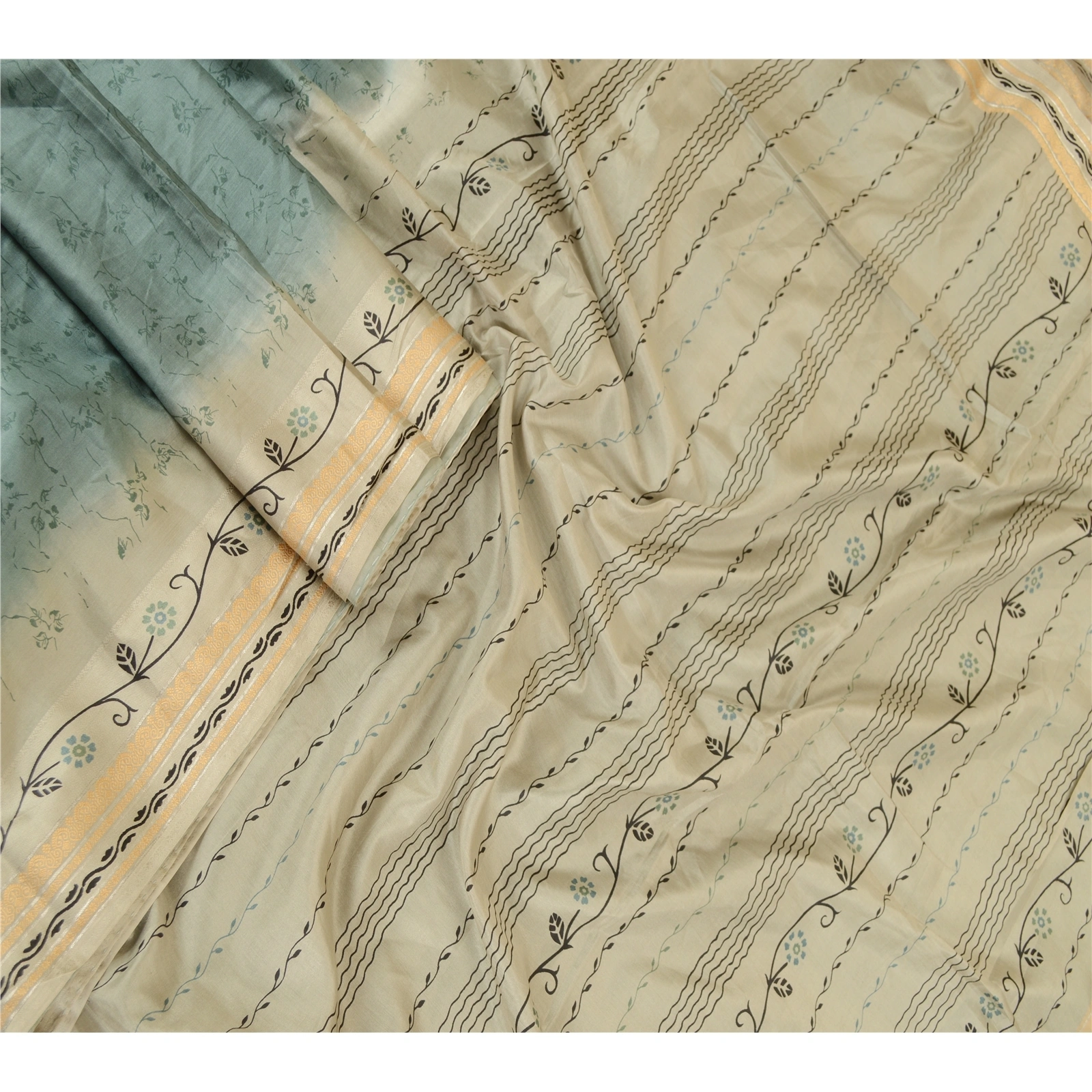 Sanskriti Vintage Sarees Pastel-Green Printed Pure Silk Sari Floral Craft Fabric, PR-62432-Pastel-Green-Pure Silk-2