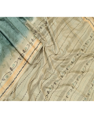 Sanskriti Vintage Sarees Pastel-Green Printed Pure Silk Sari Floral Craft Fabric, PR-62432-Pastel-Green-Pure Silk-2