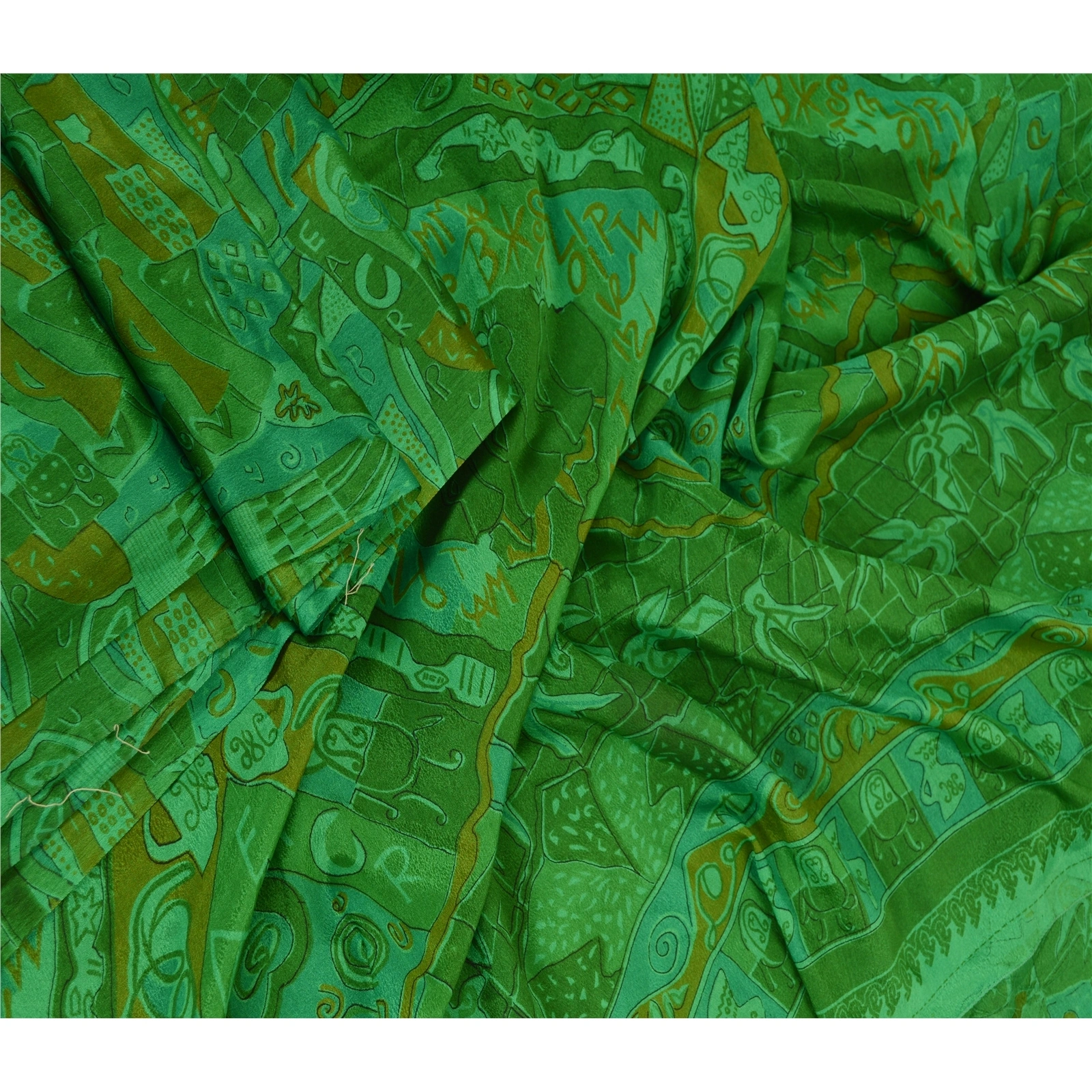 Sanskriti Vintage Sarees Indian Green Art Silk Printed Sari Floral Craft Fabric, PR-62438-Green-Art Silk-1