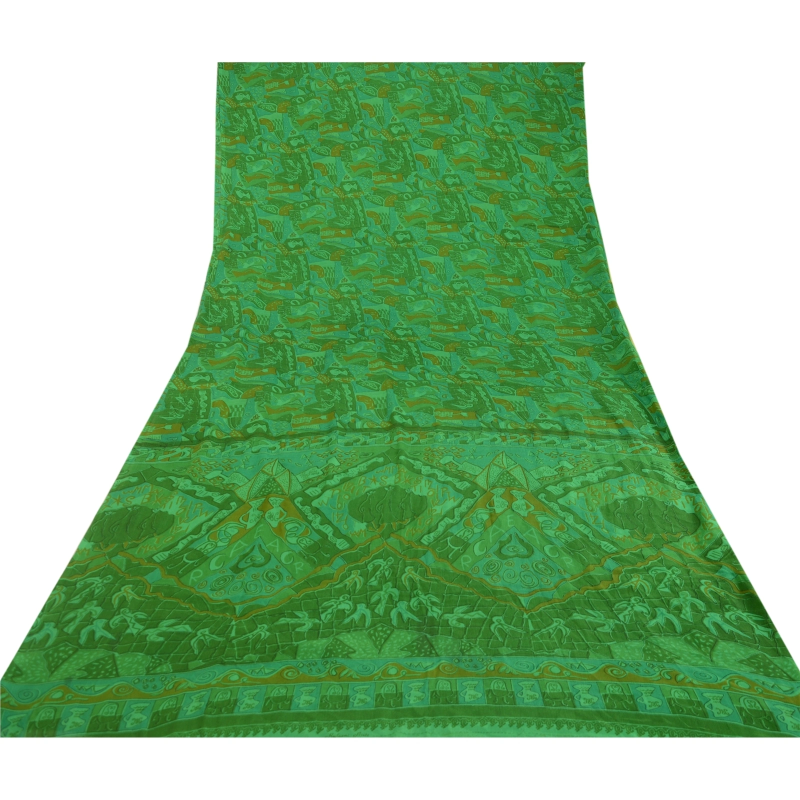 Sanskriti Vintage Sarees Indian Green Art Silk Printed Sari Floral Craft Fabric, PR-62438-Green-Art Silk-7