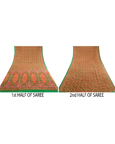 Sanskriti Vintage Sarees Indian Green Pure Silk Printed Sari Floral Craft Fabric, PR-62439-Green-Pure Silk-4