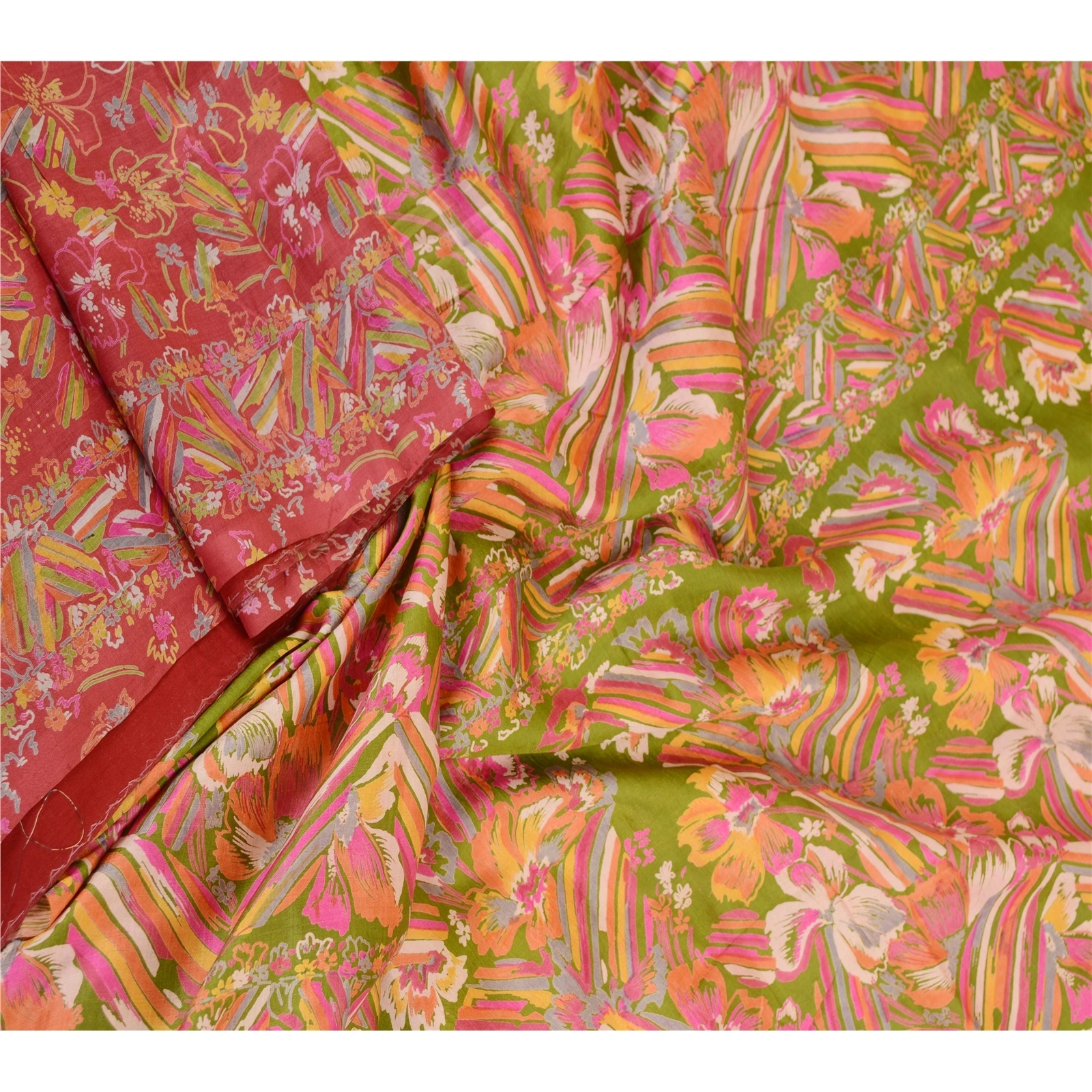 Sanskriti Vintage Sarees Pink 100% Pure Silk Printed Sari Floral Craft Fabric, PR-62449-Pink-Pure Silk-1