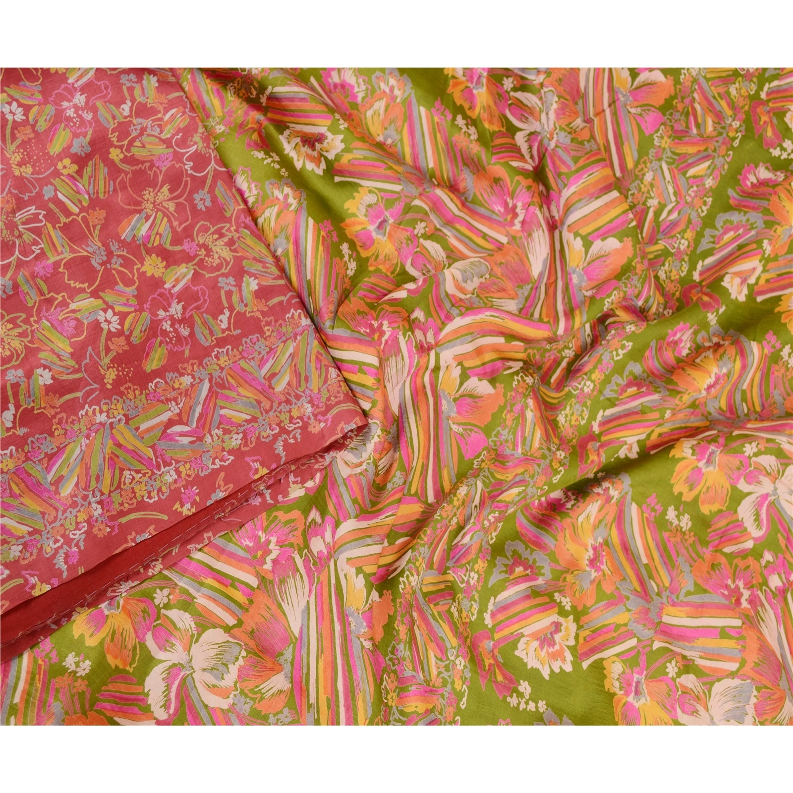 Sanskriti Vintage Sarees Pink 100% Pure Silk Printed Sari Floral Craft Fabric, PR-62449-Pink-Pure Silk-2