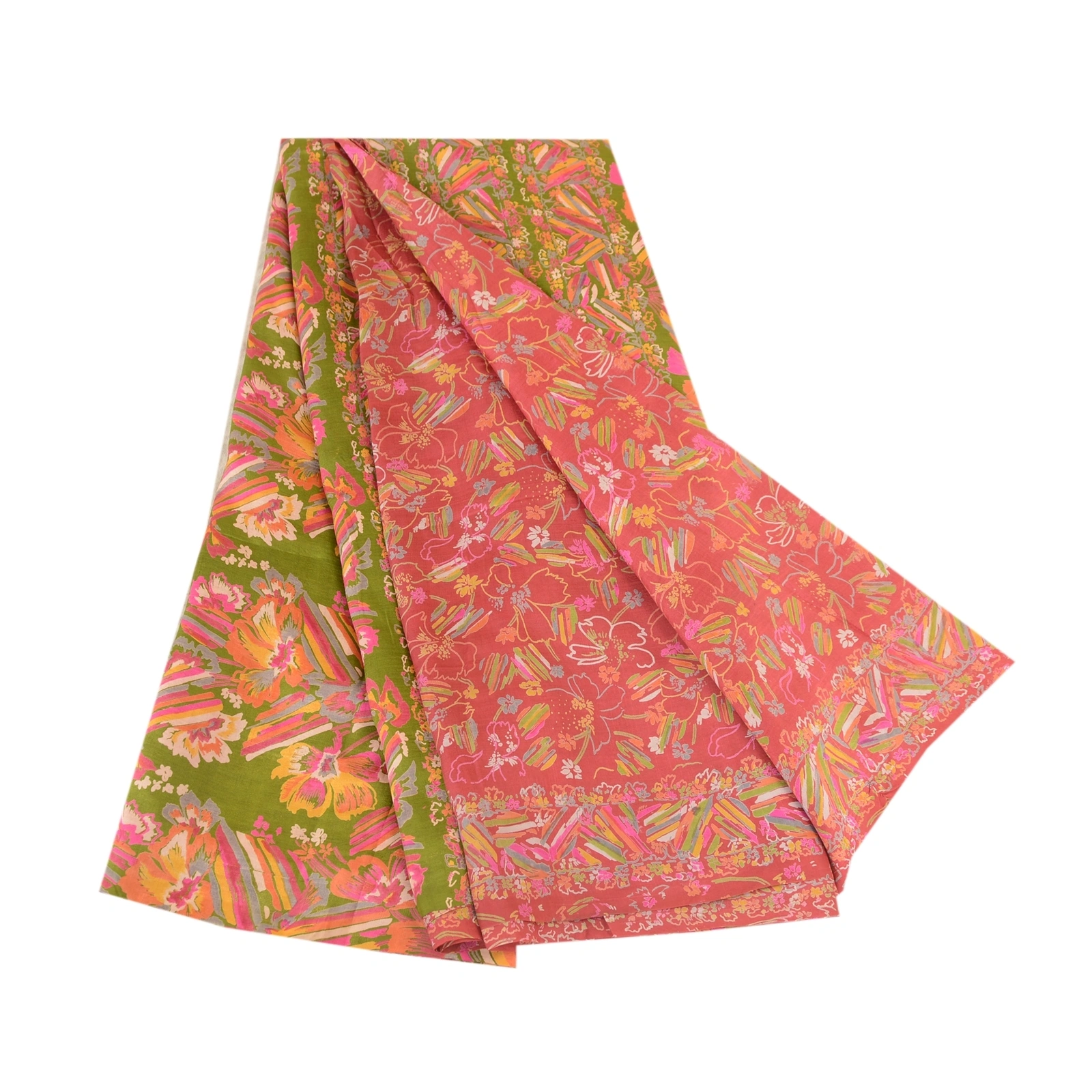 Sanskriti Vintage Sarees Pink 100% Pure Silk Printed Sari Floral Craft Fabric, PR-62449-Pink-Pure Silk-6