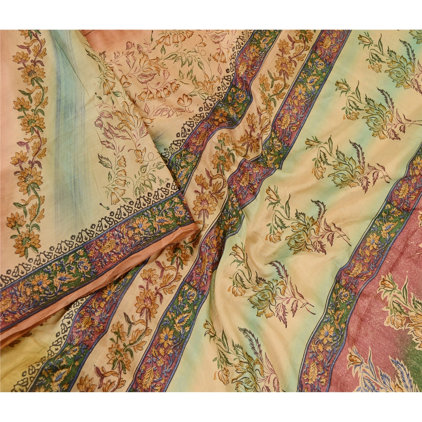 Sanskriti Vintage Sarees Multi 100% Pure Silk Printed Sari Floral Craft Fabric, PR-62450-Multi-Pure Silk-2