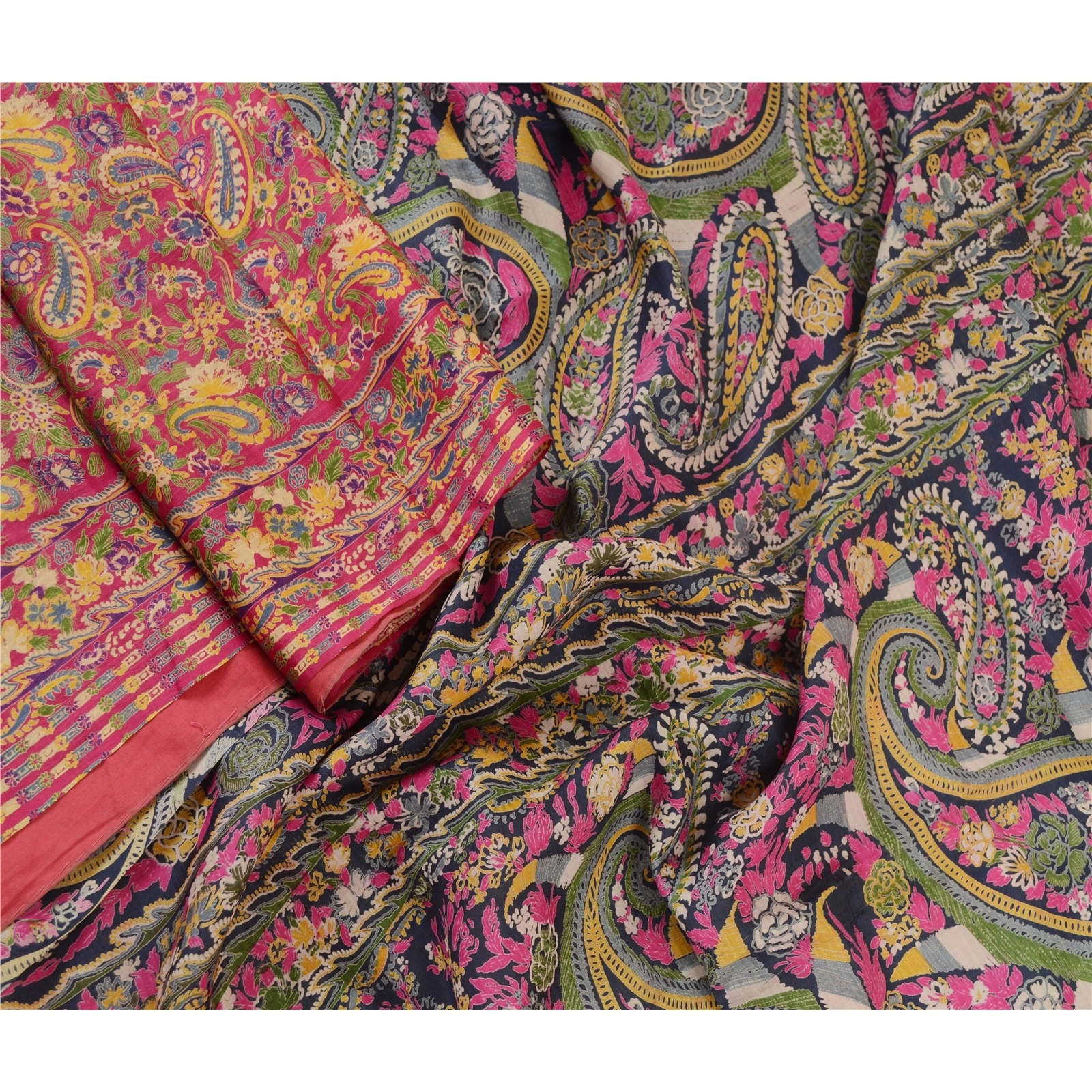 Sanskriti Vintage Sarees Pink 100% Pure Silk Printed Sari Floral Craft Fabric, PR-62451-Pink-Pure Silk-1