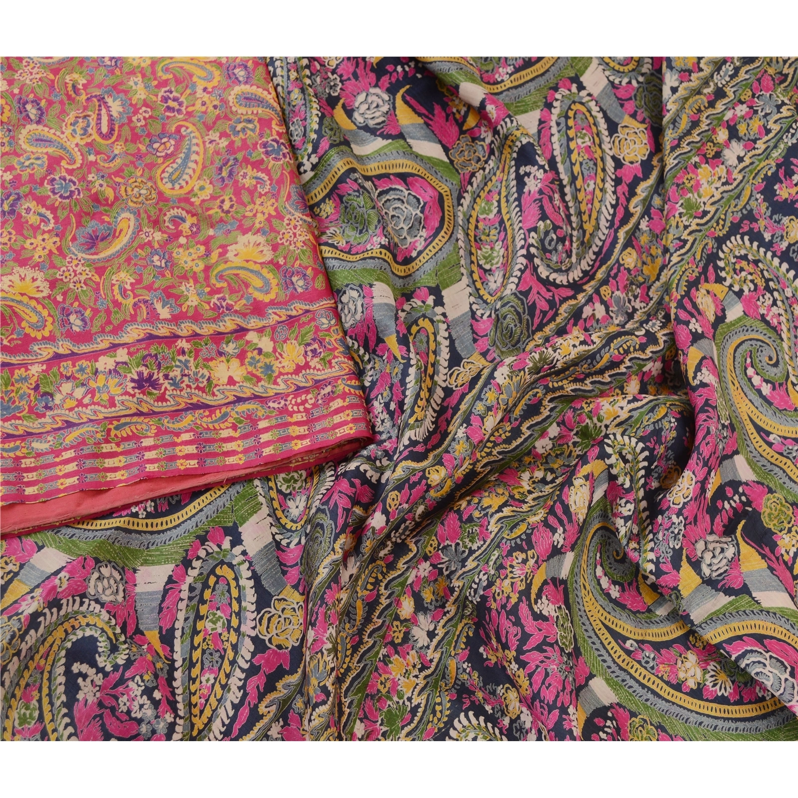 Sanskriti Vintage Sarees Pink 100% Pure Silk Printed Sari Floral Craft Fabric, PR-62451-Pink-Pure Silk-2