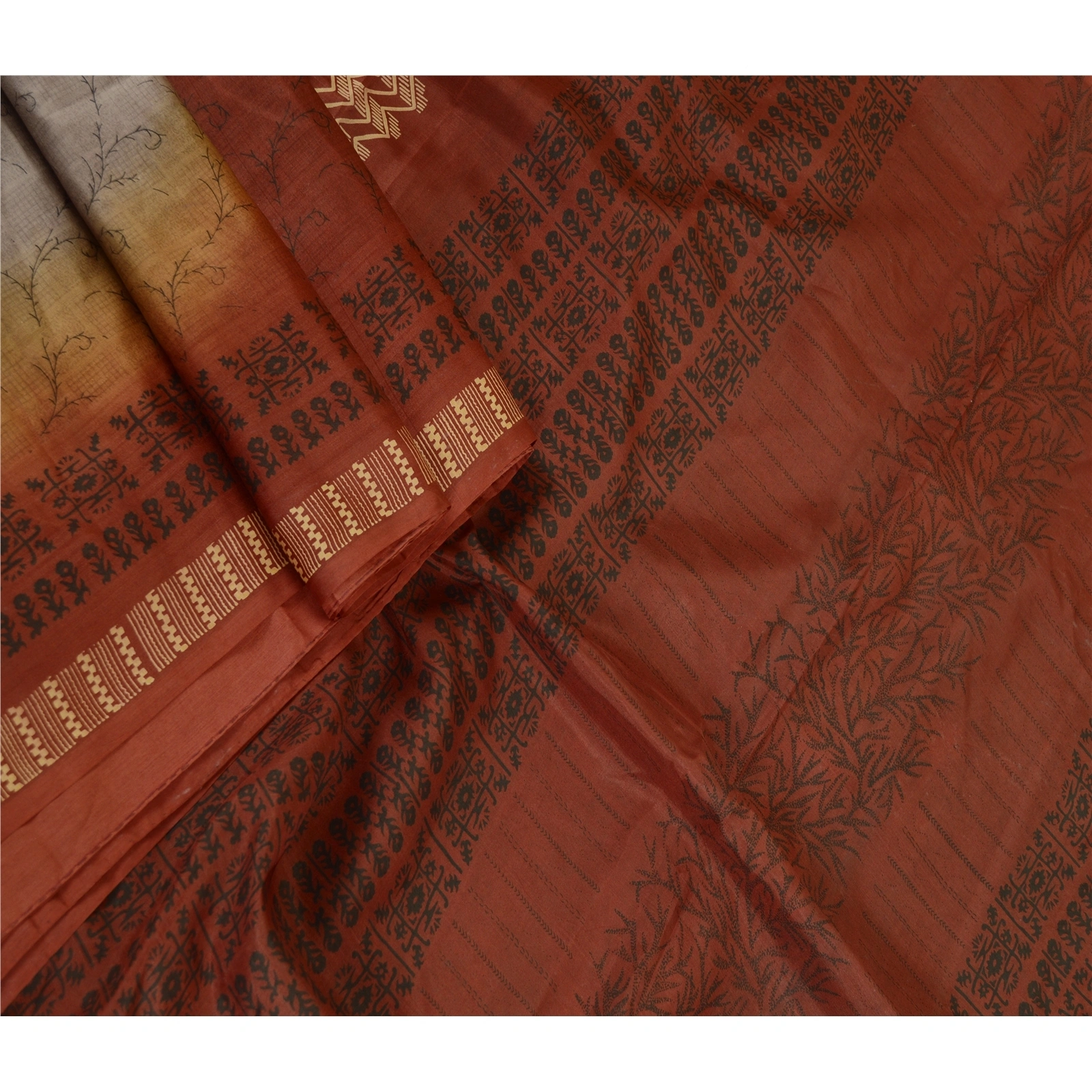 Sanskriti Vintage Sarees Gray Pure Silk Printed Sari Soft Floral Craft Fabric, PR-62479-Gray-Pure Silk-1