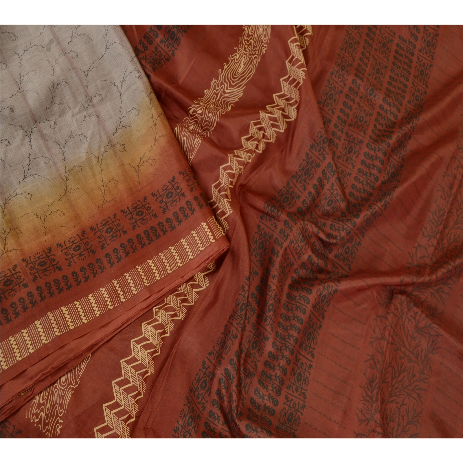 Sanskriti Vintage Sarees Gray Pure Silk Printed Sari Soft Floral Craft Fabric, PR-62479-Gray-Pure Silk-2