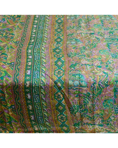 Sanskriti Vintage Sarees Indian Green 100% Pure Silk Printed Sari Craft Fabric, PR-62503-Green-Pure Silk-3