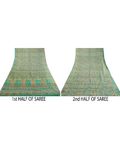 Sanskriti Vintage Sarees Indian Green 100% Pure Silk Printed Sari Craft Fabric, PR-62503-Green-Pure Silk-4