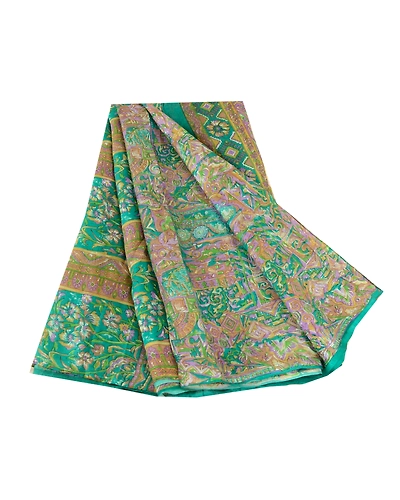 Sanskriti Vintage Sarees Indian Green 100% Pure Silk Printed Sari Craft Fabric, PR-62503-Green-Pure Silk-6