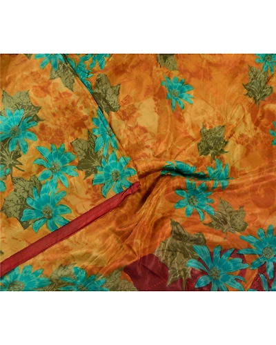 Sanskriti Vintage Sarees Saffron 100% Pure Silk Printed Sari 5Yd Craft Fabric, PR-62511-Saffron-Pure Silk-1