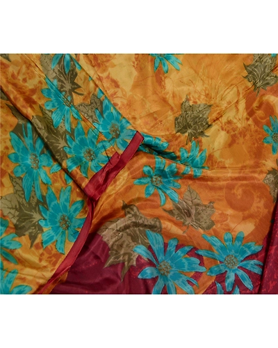 Sanskriti Vintage Sarees Saffron 100% Pure Silk Printed Sari 5Yd Craft Fabric, PR-62511-Saffron-Pure Silk-2