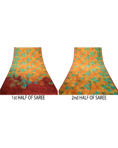 Sanskriti Vintage Sarees Saffron 100% Pure Silk Printed Sari 5Yd Craft Fabric, PR-62511-Saffron-Pure Silk-4