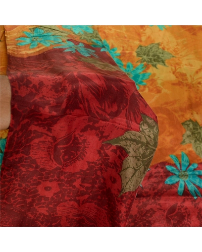 Sanskriti Vintage Sarees Saffron 100% Pure Silk Printed Sari 5Yd Craft Fabric, PR-62511-Saffron-Pure Silk-5