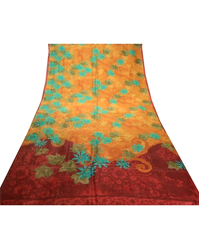 Sanskriti Vintage Sarees Saffron 100% Pure Silk Printed Sari 5Yd Craft Fabric, PR-62511-Saffron-Pure Silk-7
