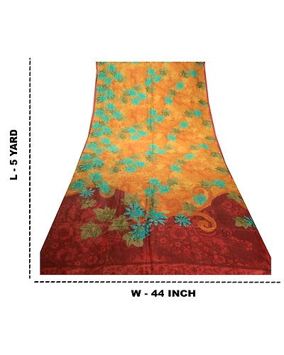 Sanskriti Vintage Sarees Saffron 100% Pure Silk Printed Sari 5Yd Craft Fabric, PR-62511-Saffron-Pure Silk-8