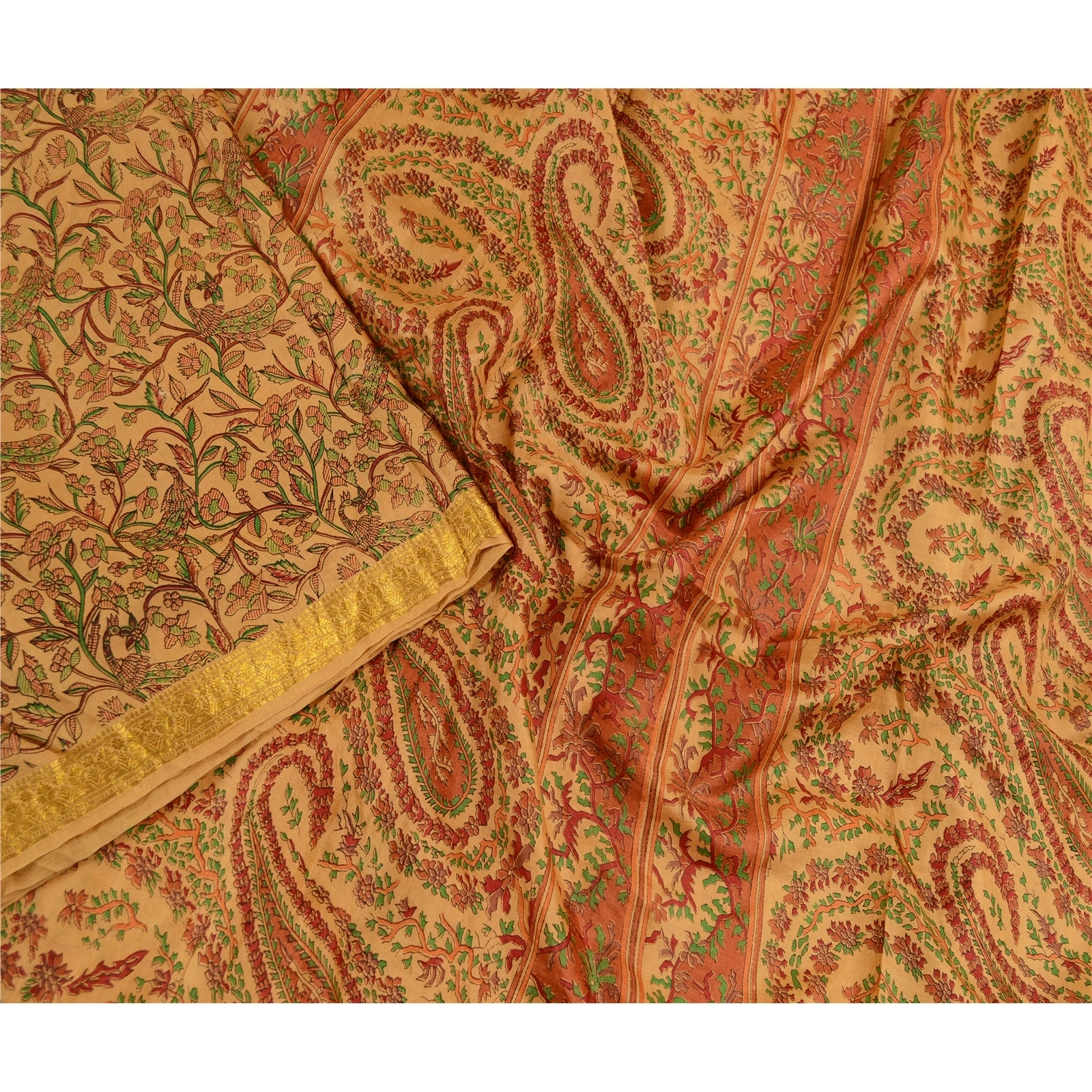 Sanskriti Vintage Sarees Caramel Pure Silk Printed Zari Border Sari Craft Fabric, PR-62512-Caramel-Pure Silk-1