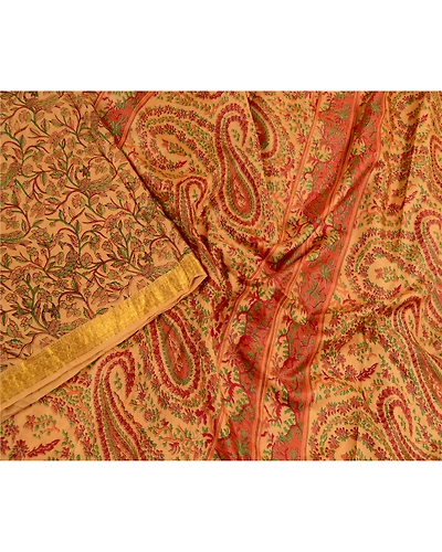 Sanskriti Vintage Sarees Caramel Pure Silk Printed Zari Border Sari Craft Fabric, PR-62512-Caramel-Pure Silk-1