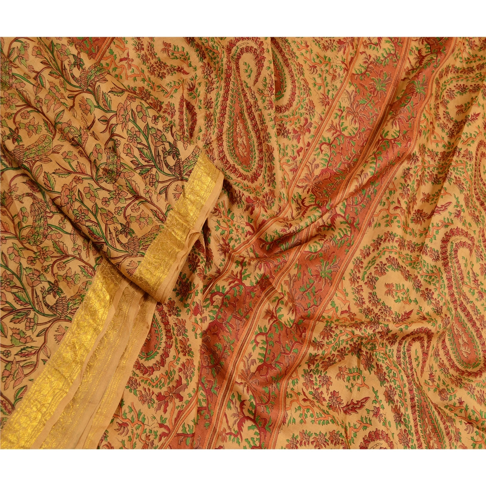 Sanskriti Vintage Sarees Caramel Pure Silk Printed Zari Border Sari Craft Fabric, PR-62512-Caramel-Pure Silk-2