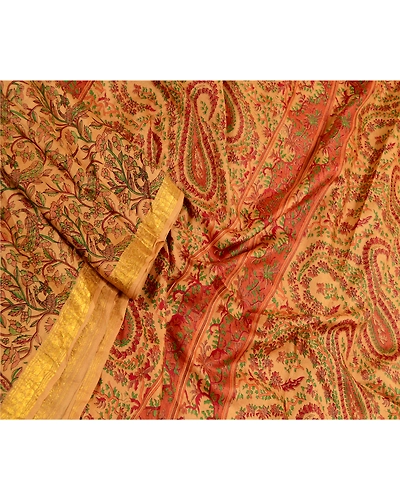 Sanskriti Vintage Sarees Caramel Pure Silk Printed Zari Border Sari Craft Fabric, PR-62512-Caramel-Pure Silk-2