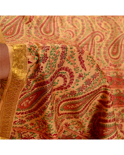 Sanskriti Vintage Sarees Caramel Pure Silk Printed Zari Border Sari Craft Fabric, PR-62512-Caramel-Pure Silk-5