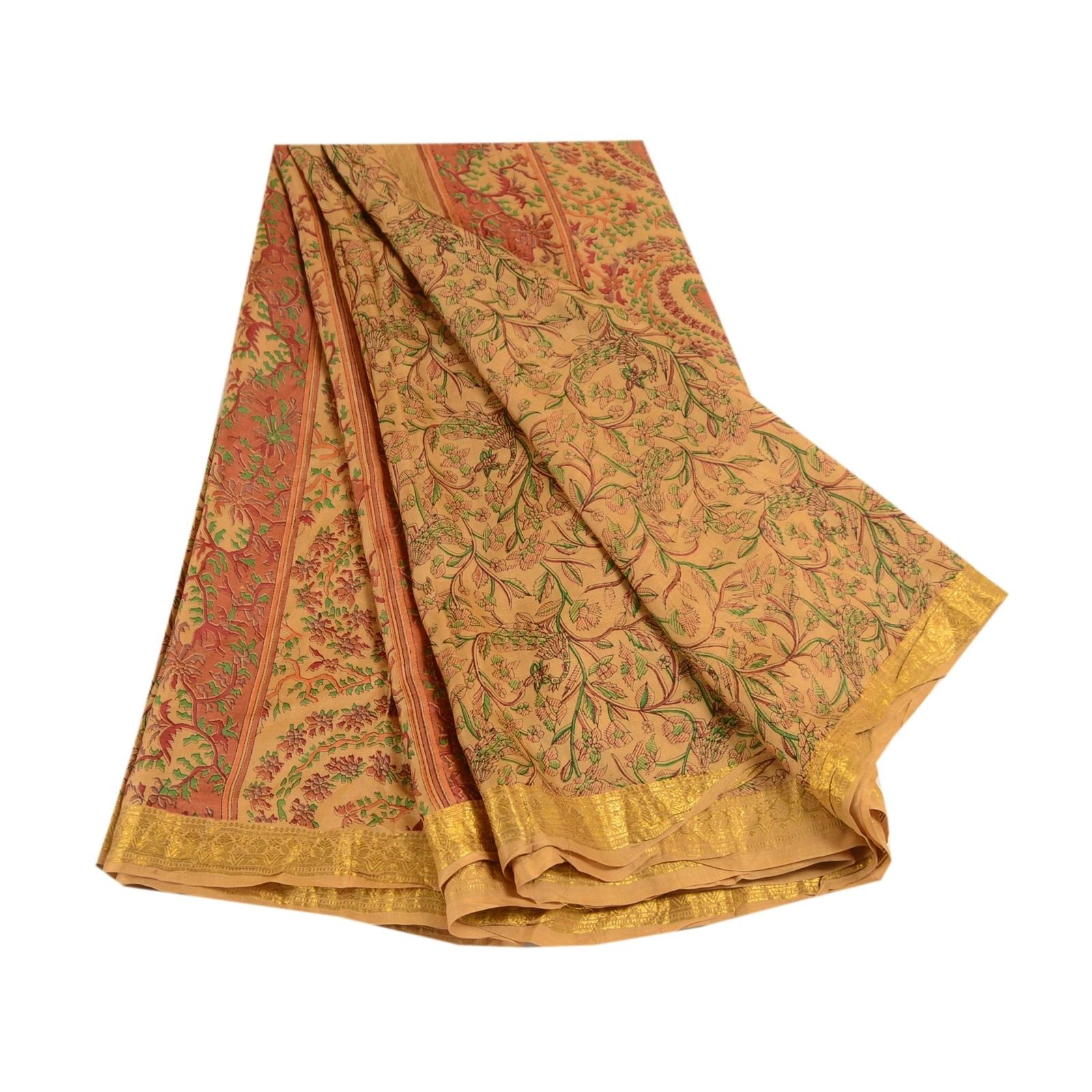 Sanskriti Vintage Sarees Caramel Pure Silk Printed Zari Border Sari Craft Fabric, PR-62512-Caramel-Pure Silk-6