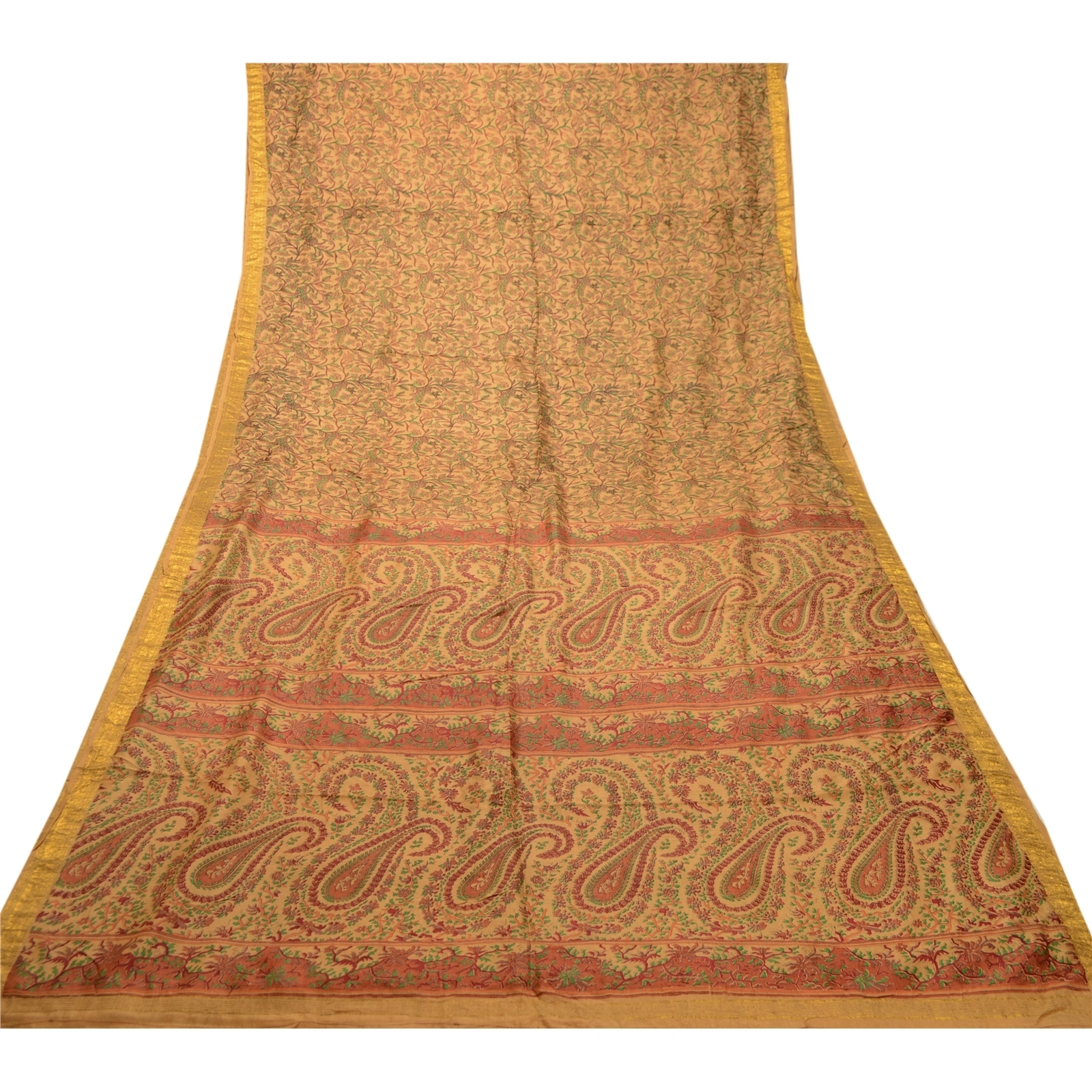 Sanskriti Vintage Sarees Caramel Pure Silk Printed Zari Border Sari Craft Fabric, PR-62512-Caramel-Pure Silk-7