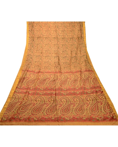 Sanskriti Vintage Sarees Caramel Pure Silk Printed Zari Border Sari Craft Fabric, PR-62512-Caramel-Pure Silk-7