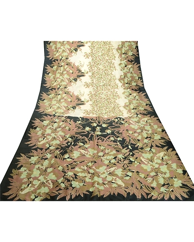 Sanskriti Vintage Sarees Indian Ivory Pure Silk Printed Sari 5Yd Craft Fabric, PR-62519-Ivory-Pure Silk-7