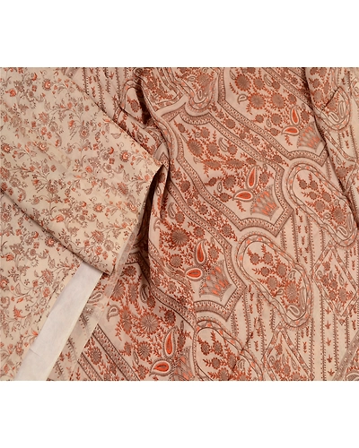 Sanskriti Vintage Sarees Ivory 100% Pure Silk Printed Sari Floral Craft Fabric, PR-62531-Ivory-Pure Silk-2