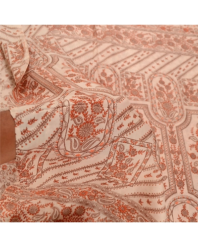 Sanskriti Vintage Sarees Ivory 100% Pure Silk Printed Sari Floral Craft Fabric, PR-62531-Ivory-Pure Silk-5