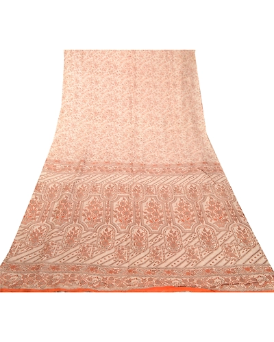 Sanskriti Vintage Sarees Ivory 100% Pure Silk Printed Sari Floral Craft Fabric, PR-62531-Ivory-Pure Silk-7