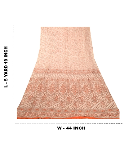 Sanskriti Vintage Sarees Ivory 100% Pure Silk Printed Sari Floral Craft Fabric, PR-62531-Ivory-Pure Silk-8