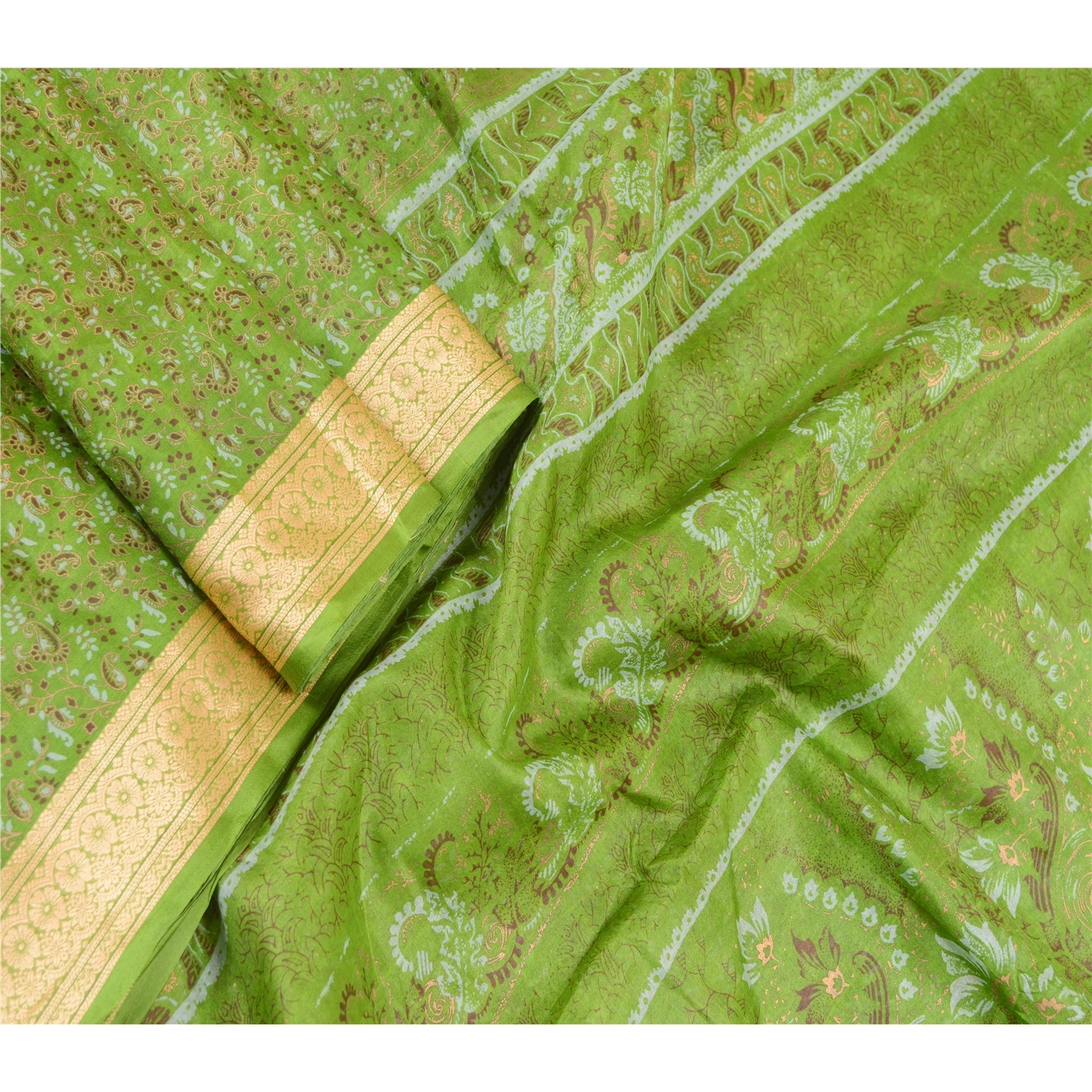 Sanskriti Vintage Sarees Green Indian Pure Silk Printed Sari Floral Craft Fabric, PR-62537-Green-Pure Silk-2